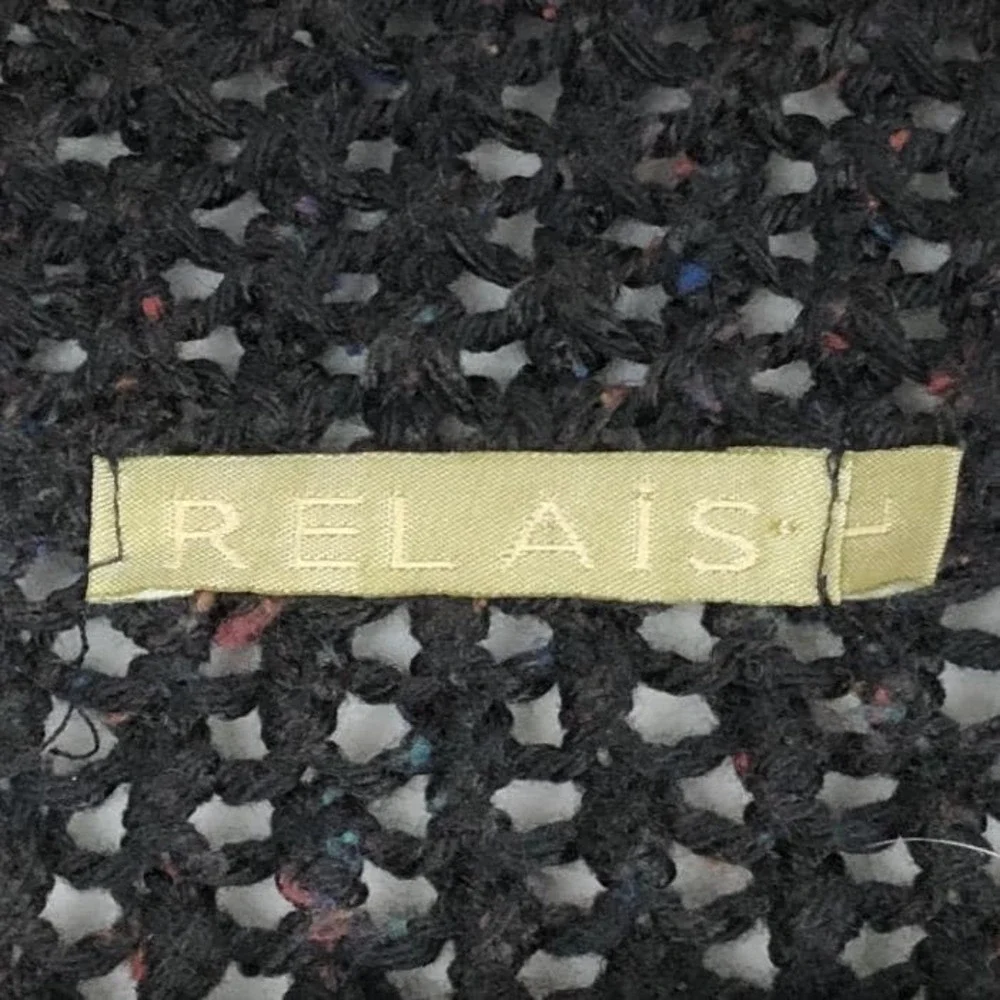 RELAIS Crochet Loose Knit Coatigan Sz‎ L Black & Blue Button Up Cardigan Sweater